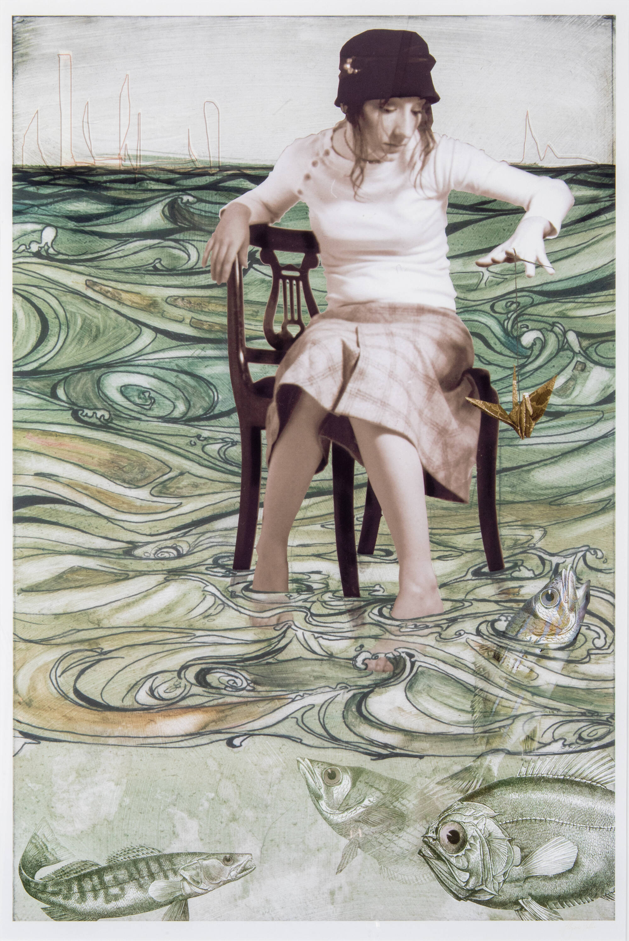 Digital image of a woman sitting in a chair, surrounded by fish and swirls of shades of green that look like water